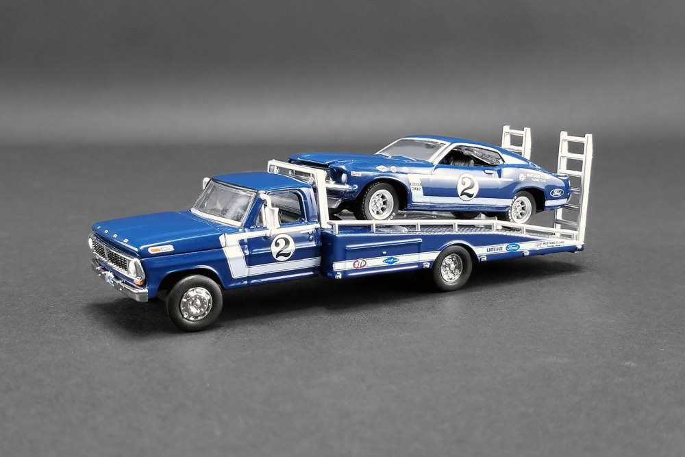 1969 Ford F-350 #2 Ramp Truck with Mustang Boss 302 Trans Am #2, Blue - Greenlight 51268 - 1/64 scale Diecast Model Toy Car