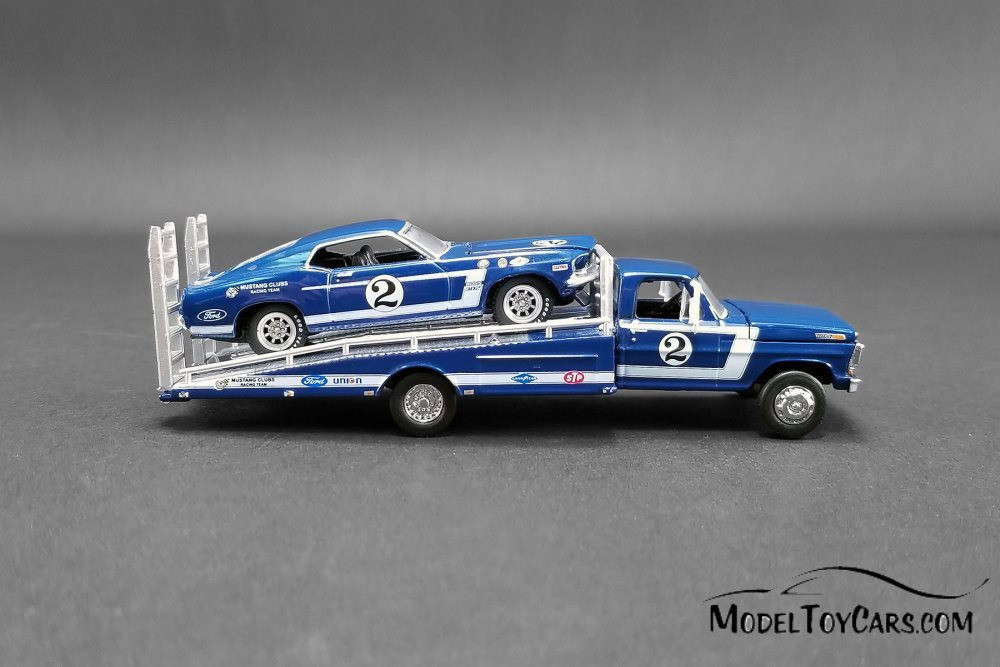 1969 Ford F-350 #2 Ramp Truck with Mustang Boss 302 Trans Am #2, Blue - Greenlight 51268 - 1/64 scale Diecast Model Toy Car