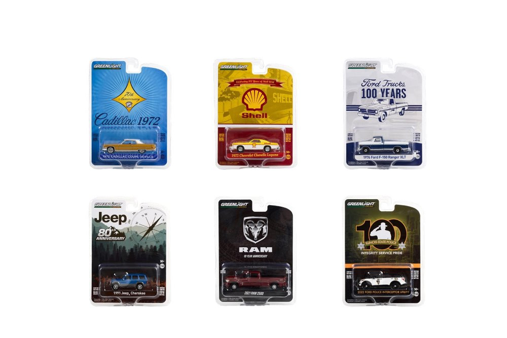 Greenlight Anniversary Collection Series 14 Diecast Car Set - Box of 6 assorted 1/64 Scale Diecast Model Cars