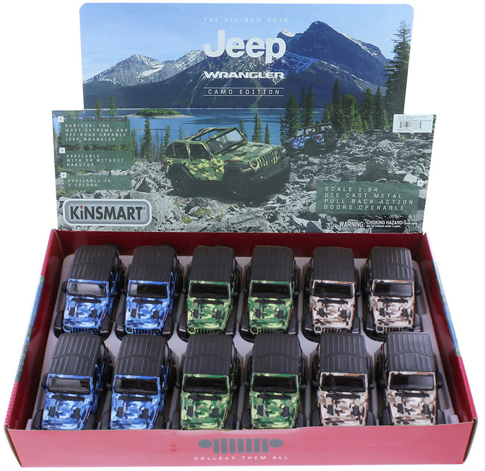 Kinsmart 2018 Jeep Wrangler Rubicon Camo Hardtop Diecast Car Set - Box of 12 1/34 Scale Diecast Model Cars, Assorted Colors