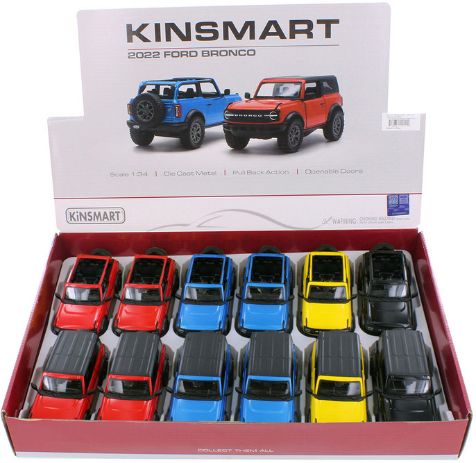 Kinsmart 2022 Ford Bronco Assorted (Open top & Hardtop) Diecast Car Set - Box of 12 1/34 Scale Diecast Model Cars, Assorted Colors
