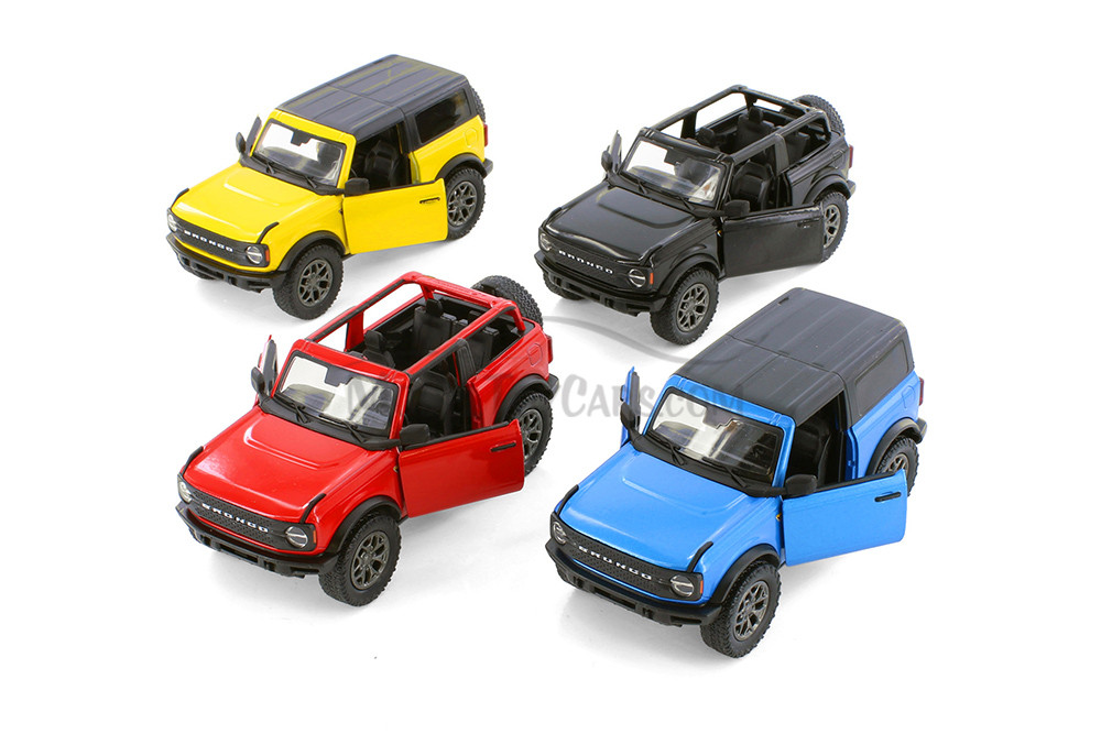 Kinsmart 2022 Ford Bronco Assorted (Open top & Hardtop) Diecast Car Set - Box of 12 1/34 Scale Diecast Model Cars, Assorted Colors