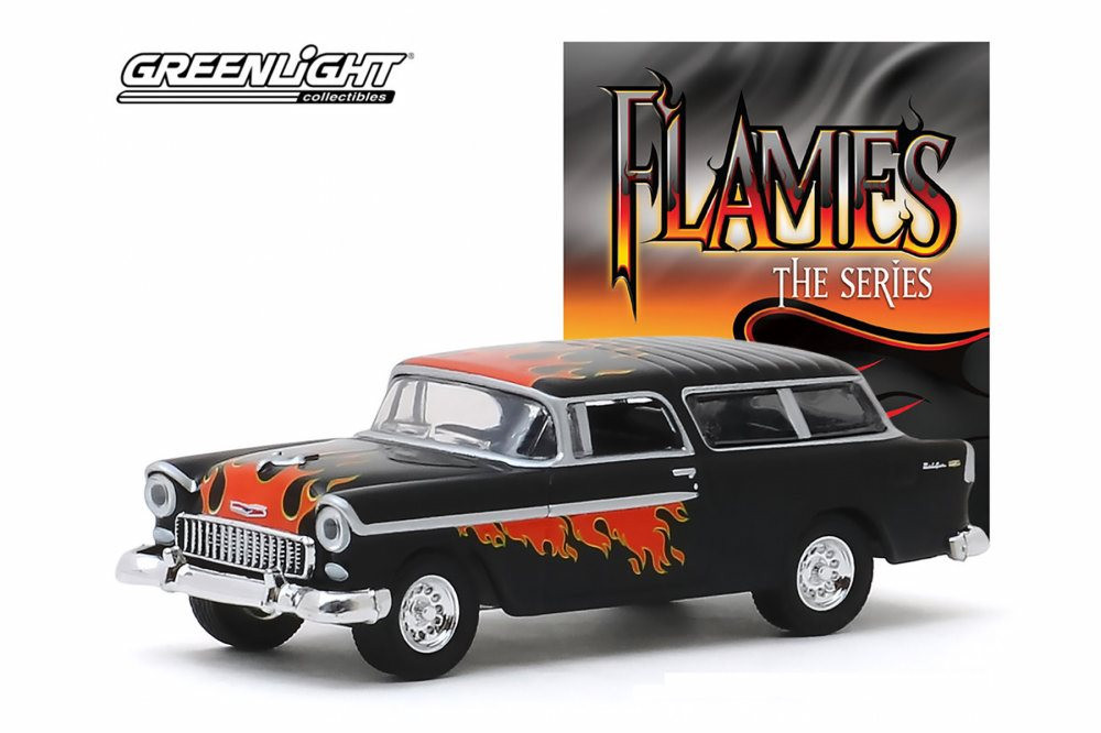 1955 Chevy Nomad, Black with Flames - Greenlight 30117/48 - 1/64 scale Diecast Model Toy Car