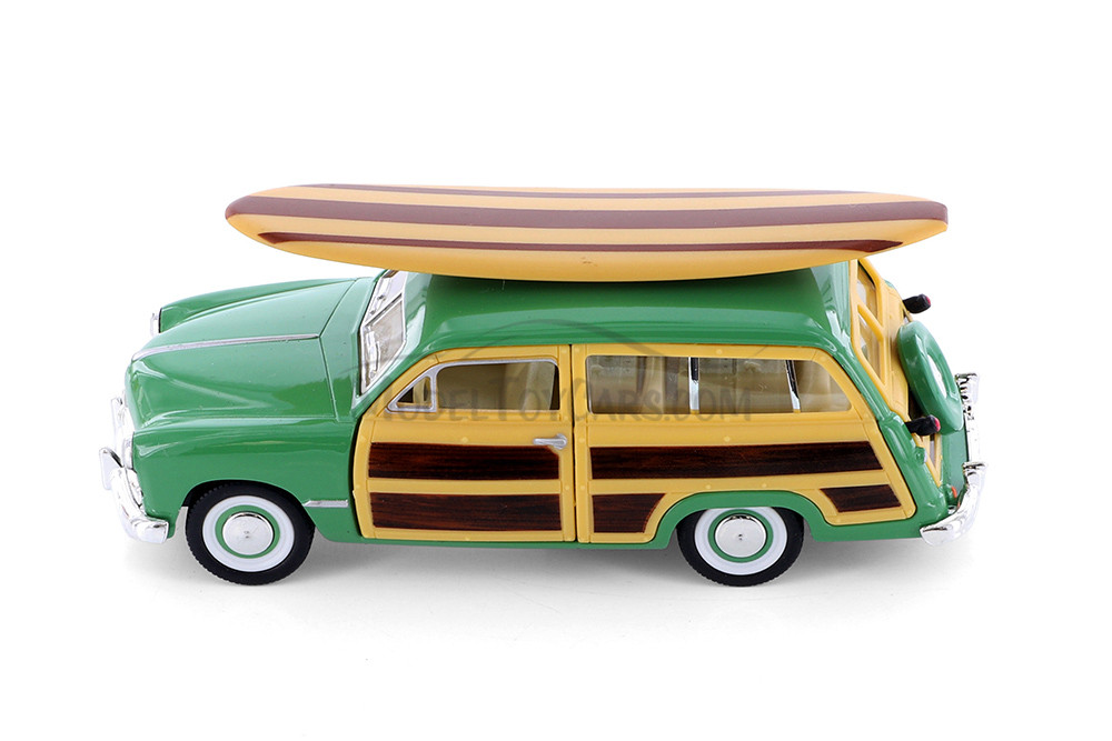 1949 Ford Woody Wagon with Surfboard Hardtop, Green - Kinsmart