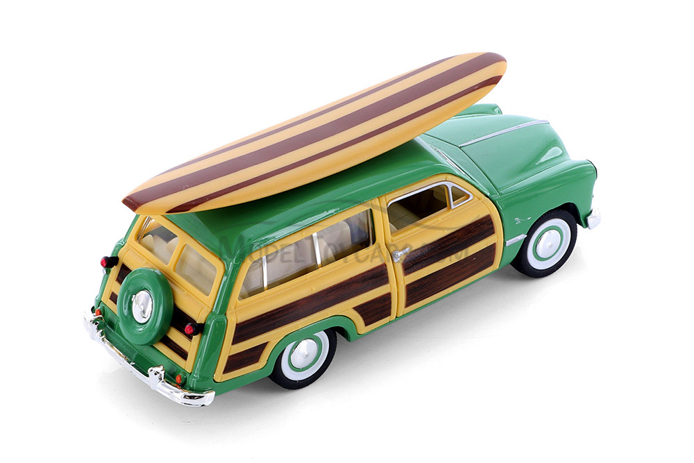 1949 Ford Woody Wagon with Surfboard Hardtop, Green - Kinsmart