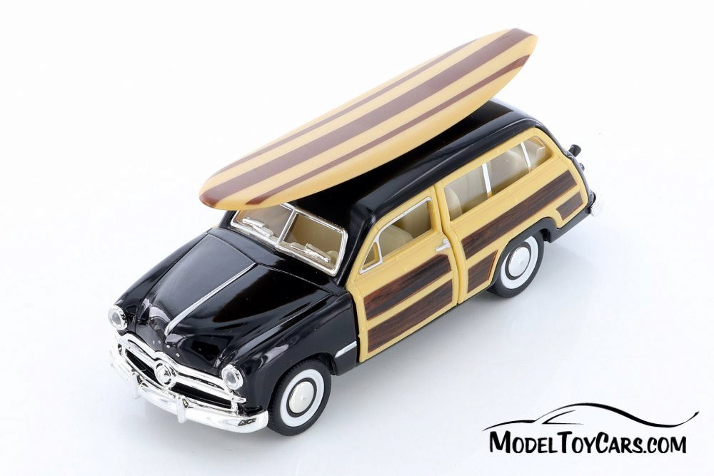 1949 Ford Woody Wagon with Surfboard Hardtop, Black - Kinsmart 5402DS1 - 1/40 scale Diecast Model Toy Car