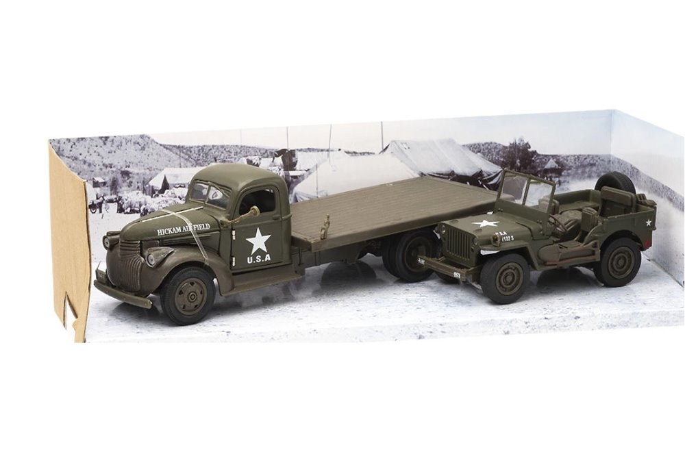 1941 Chevy Military Flatbed w/ Jeep Willys, Green - New Ray SS-61053B - 1/32 scale Diecast Car