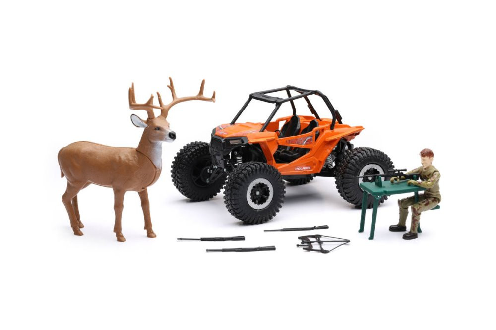 Polaris RZR w/ Deer and Articulated Hunter Figurine - New Ray SS-76526A - 1/18 Scale Plastic Car