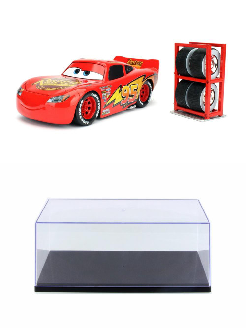 Diecast Car w/Display Case - Â Lightning McQueen w/ Extra Wheels, Disney Pixar Cars - Jada Toys 97751 - 1/24 Scale Diecast Car