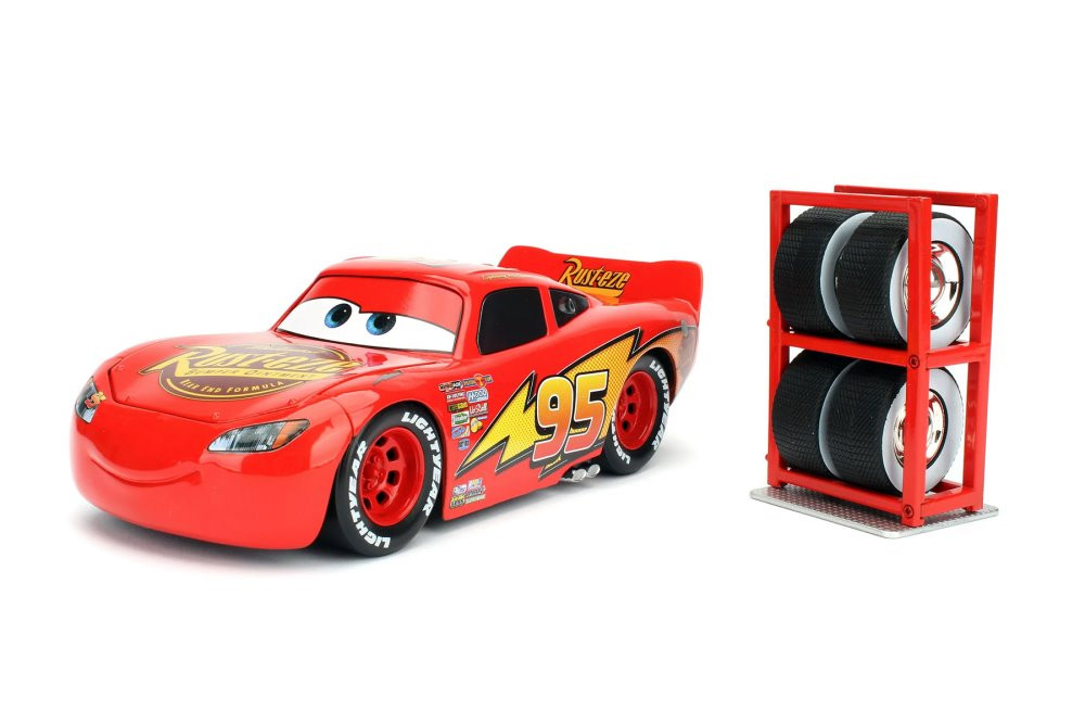 Diecast Car w/Display Case - Â Lightning McQueen w/ Extra Wheels, Disney Pixar Cars - Jada Toys 97751 - 1/24 Scale Diecast Car
