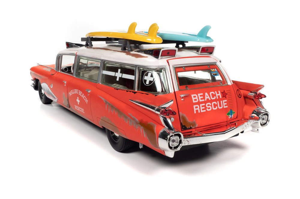1959 Cadillac Eldorado Ambulance (Weathered), Red - Auto World AW312 - 1/18 Scale Diecast Car