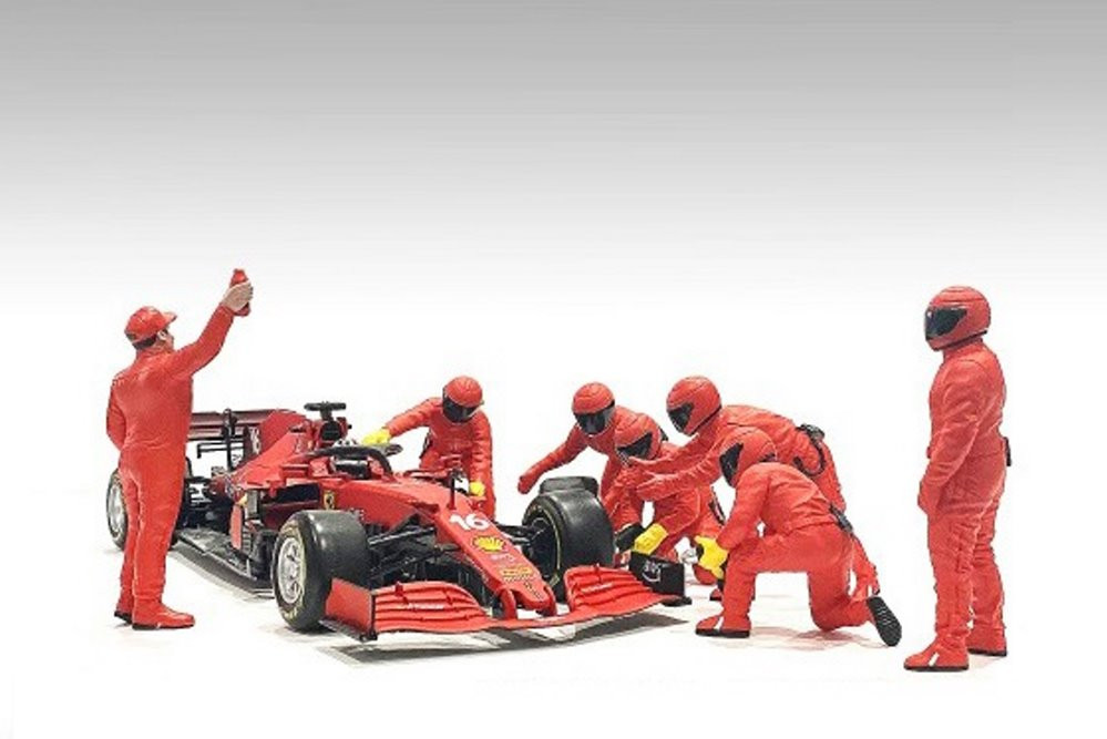 Formula One F1 Pit Crew Team Red Set III, Red - American Diorama 38388 - 1/43 Scale Figurines