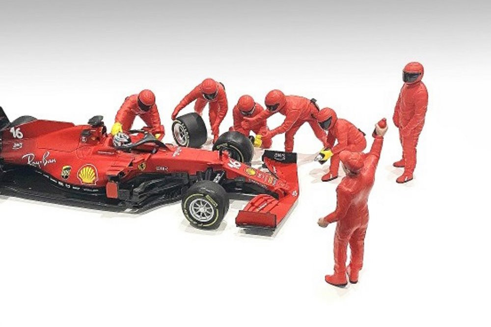 Formula One F1 Pit Crew 7 Figurine Set Team Red for 1/43 Scale Models by  American Diorama 38382