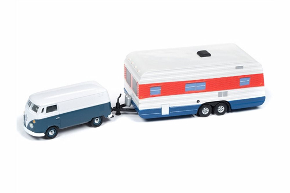 1965 Volkswagen Transporter with Vintage Mobile Home, Dove Blue and White - Round 2 JLTG001/36B - 1/64 scale Diecast Model Toy Car