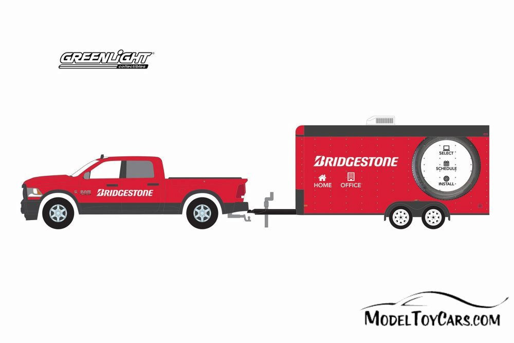 2017 Dodge Ram 2500 Big Horn Pickup Truck and Enclosed Hauler, Bridgestone Service Center - Greenlight 32170C/24 - 1/64 Scale Diecast Model Toy Car