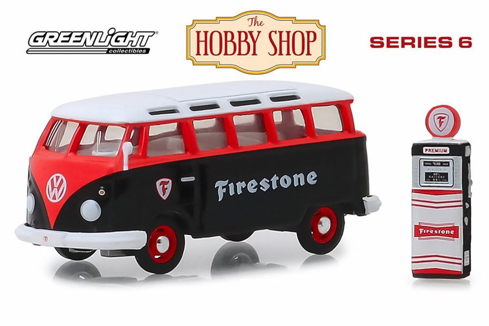 1964 Volkswagen Samba Bus with Firestone Gas Pump, Firestone - Greenlight 97060A/48 - 1/64 Scale Diecast Model Toy Car