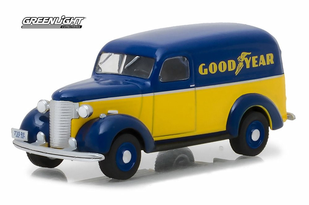 1939 Chevy Panel Truck Goodyear Tires, Blue w/Yellow - Greenlight