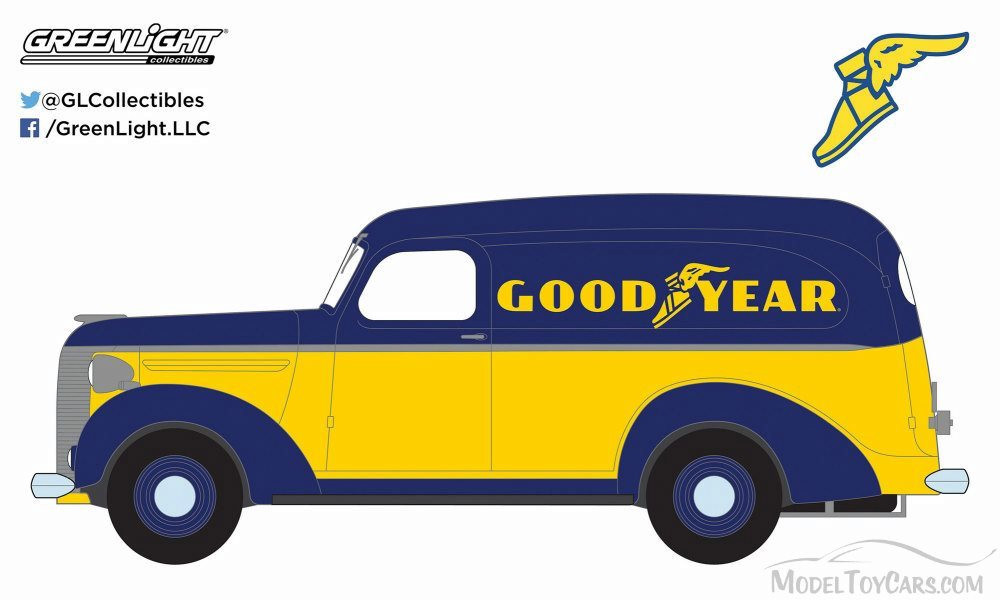 1939 Chevy Panel Truck Goodyear Tires, Blue w/Yellow - Greenlight
