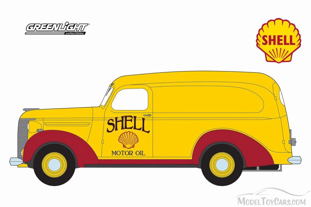 1939 Chevy Panel Truck Shell Oil, Yellow w/ Red - Greenlight 41040/48 - 1/64 Scale Diecast Car