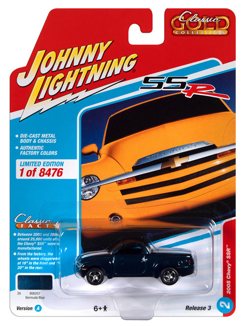 2005 Chevy SSR Pickup, Bermuda Blue w/White Stripes - Johnny Lightning JLCG030/48A - 1/64 Scale Car