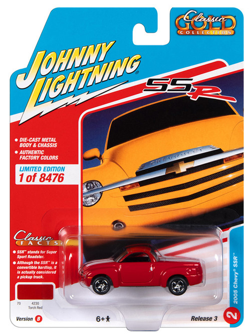 2005 Chevy SSR Pickup, Torch Red w/White Stripes - Johnny Lightning JLCG030/48B - 1/64 Scale Car