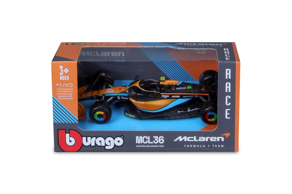 Formula Racing 2022 McLaren F1 Team, #4 Lando Norris - Bburago 18-38063/NOR  - 1/43 Scale Model Car