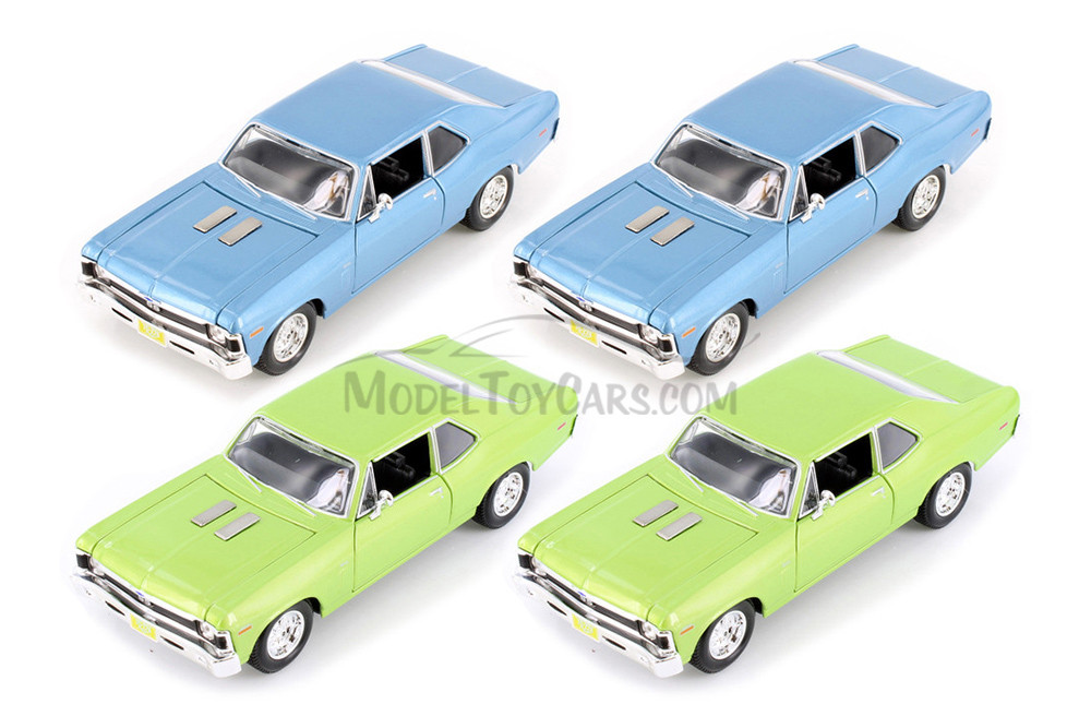 1970 Chevy Nova SS Hardtop, Blue & Green - Showcasts 37262 - 1/24 Scale Set of 4 Diecast Model Cars