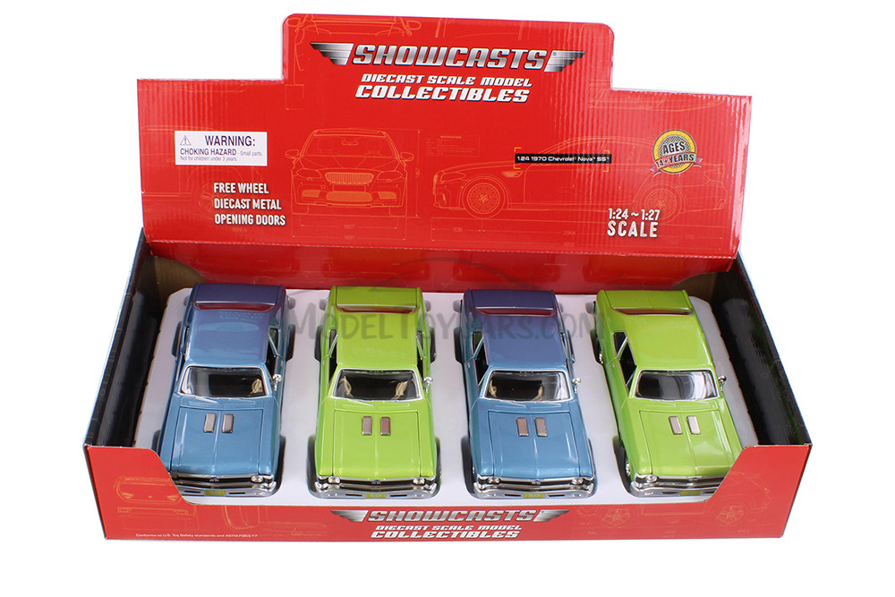 1970 Chevy Nova SS Hardtop, Blue & Green - Showcasts 37262 - 1/24 Scale Set of 4 Diecast Model Cars