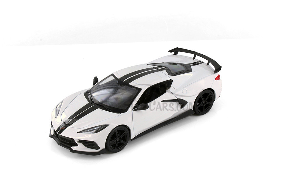 2020 Chevy Corvette Stingray Coupe, White w/Black Stripes - Showcasts 38534W - 1/24 Scale Model Car
