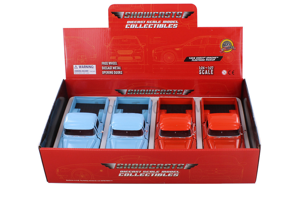 Chevy Apache Fleetside Pickup Truck, Blue & Red - Showcasts 71311D - 1/24 Scale Set of 4 Model Cars
