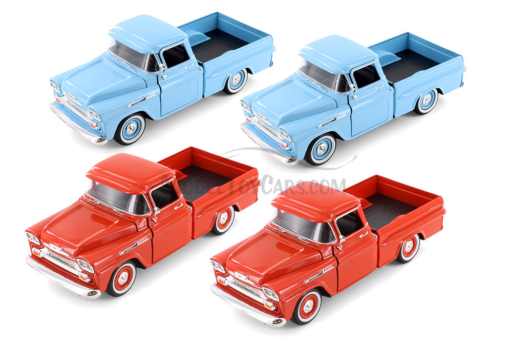 Chevy Apache Fleetside Pickup Truck, Blue & Red - Showcasts 71311D - 1/24 Scale Set of 4 Model Cars
