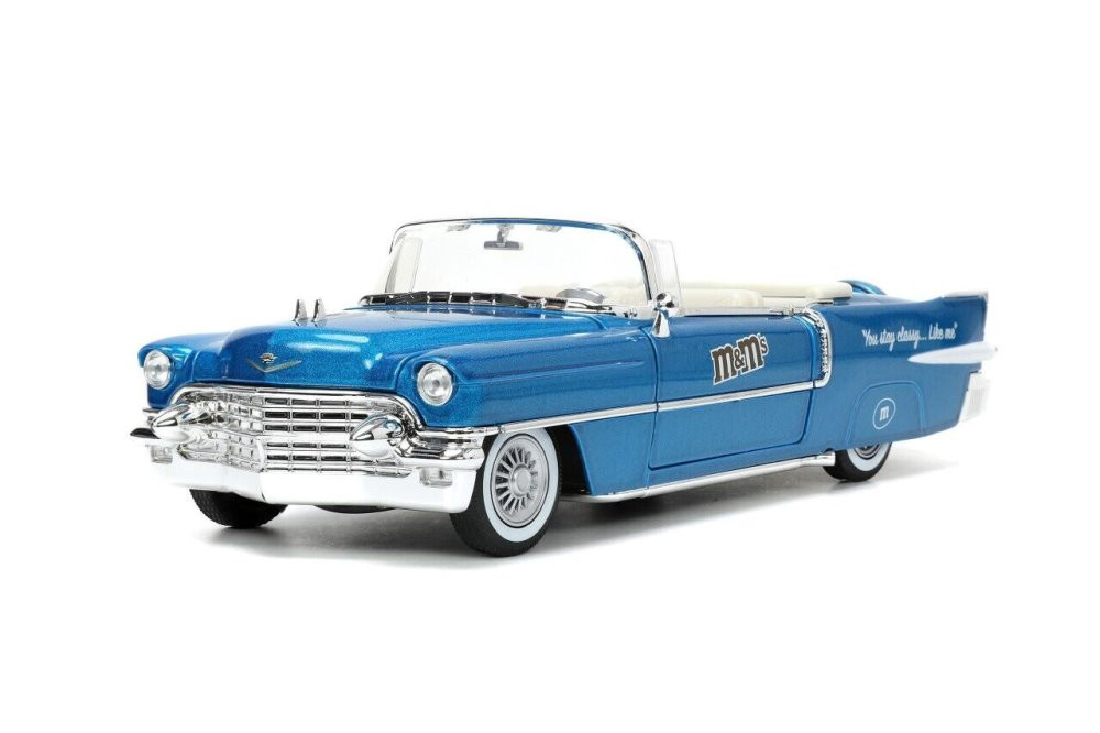 1956 Cadillac Eldorado Convertible w/ Blue M&M's Figure, Jada Toys 33726 - 1/24 Scale Diecast Car