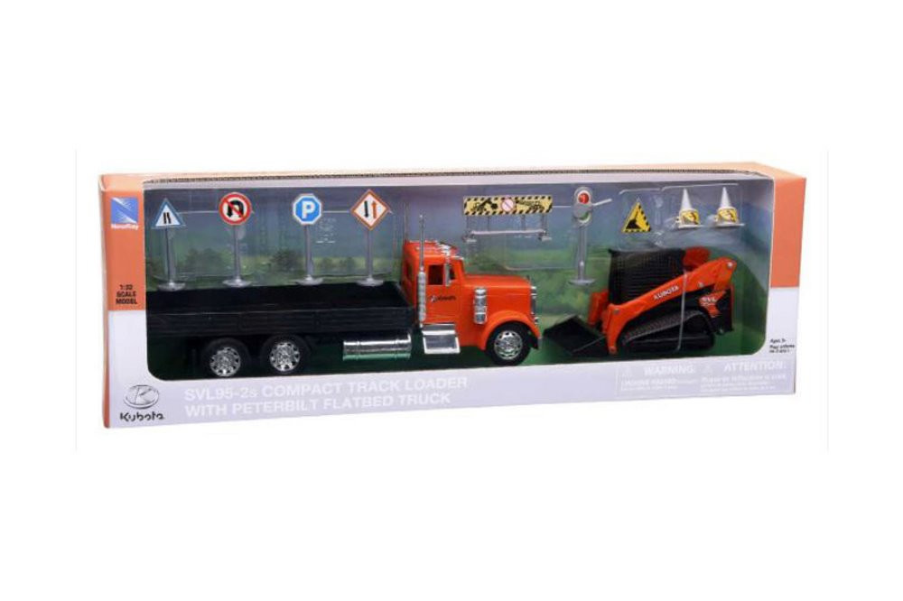 Peterbilt 379 Flatbed w/ Kubota Track Loader and Road Signs, Orange/Black - New Ray SS-34023 - 1/32 scale Diecast Replica