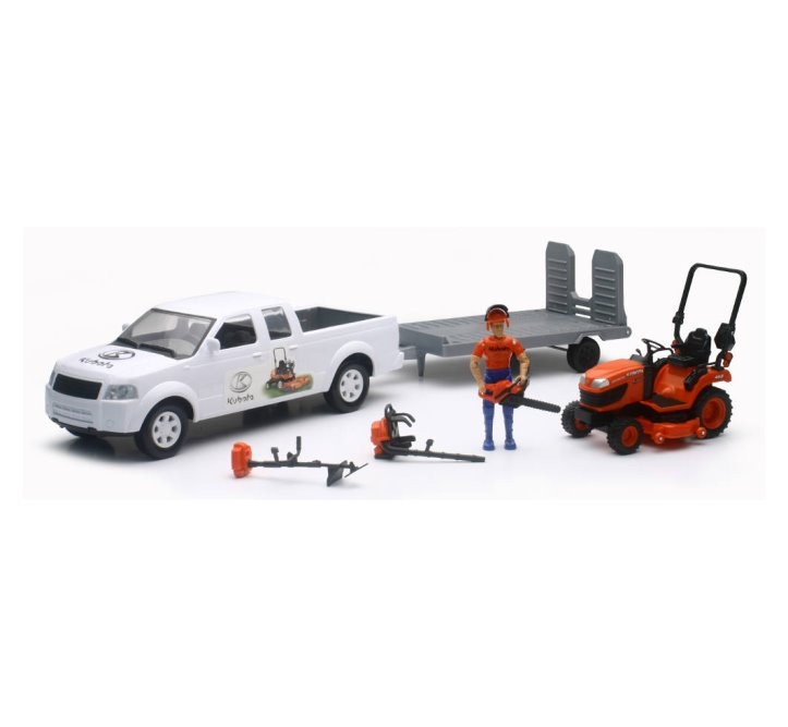 Kubota Pick Up & Lawn Mower Set, White - New Ray SS-33263A - Diecast Model Toy Car