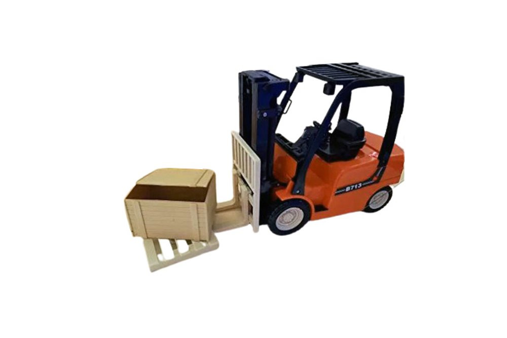 Fork Lift with pallet and Crate, Orange /Black - New Ray 1166 - 1/14 scale Plastic Model Toy Car