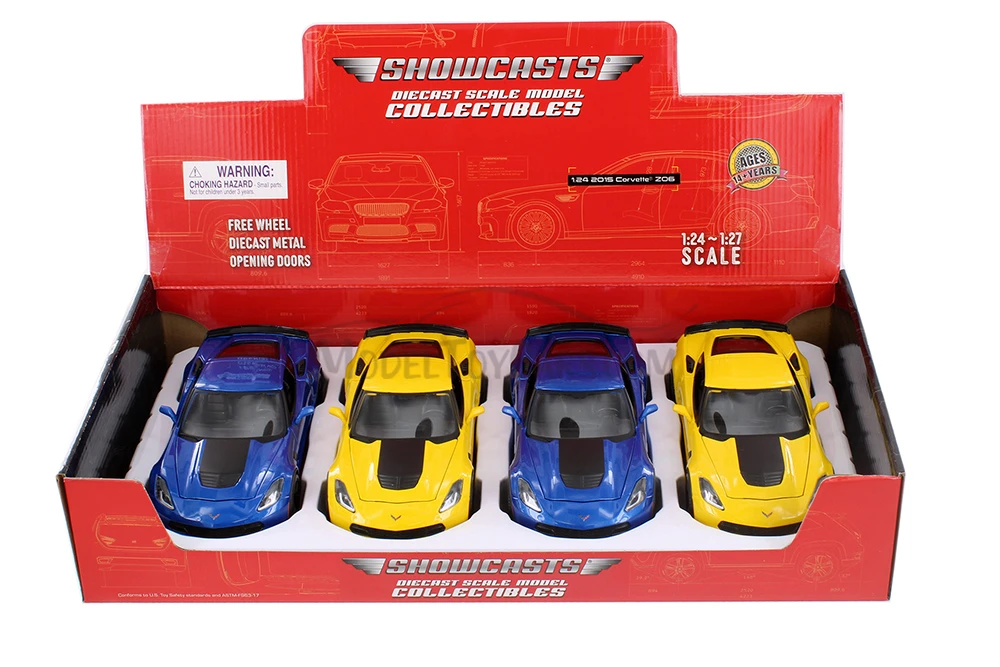 2015 Chevy Corvette Z06 Hardtop, Blue & Yellow - Showcasts 37133 - 1/24 Scale Set of 4 Diecast Cars