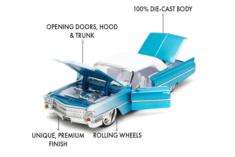 1963 Cadillac w/Display Base, Blue-White Gradient - Jada Toys 34897 - 1/24 Scale Diecast Model Car