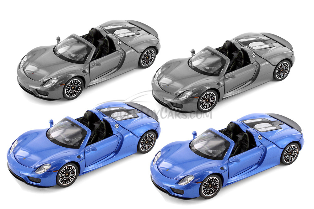 Porsche 918 Spyder, Gray & Blue - Showcasts 68243D - 1/24 Scale Set of 4 Diecast Model Toy Cars