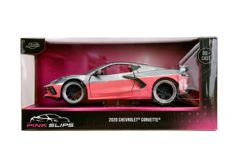 2020 Chevy Corvette Stingray w/Display Base, Metallic Gray /Pink - Jada Toys 35068 - 1/24 Scale Car