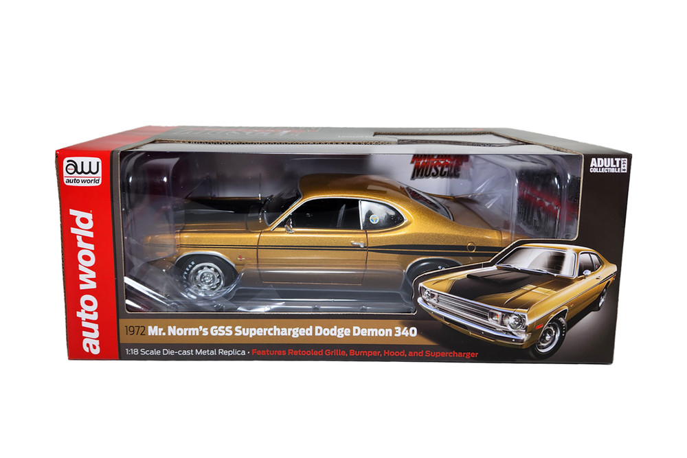 1972 Dodge Demon GSS Supercharged Mr. Norms, Gold/Black - Auto World AMM1294 - 1/18 Scale Model Car