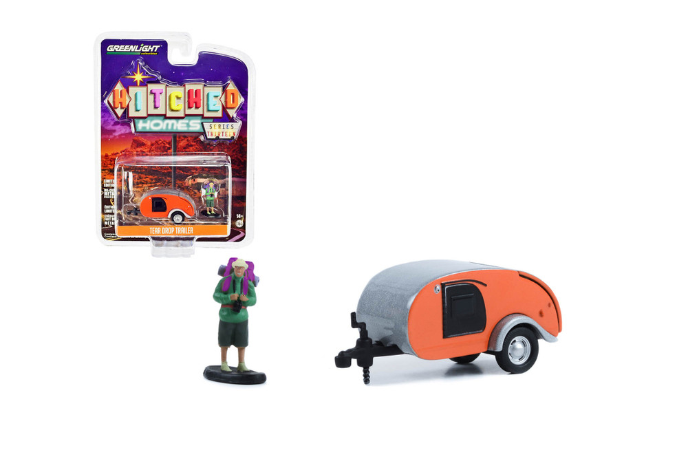 Teardrop Trailer with Backpacker Figure, Orange - Greenlight 34130F/48 - 1/64 Scale Diecast Car