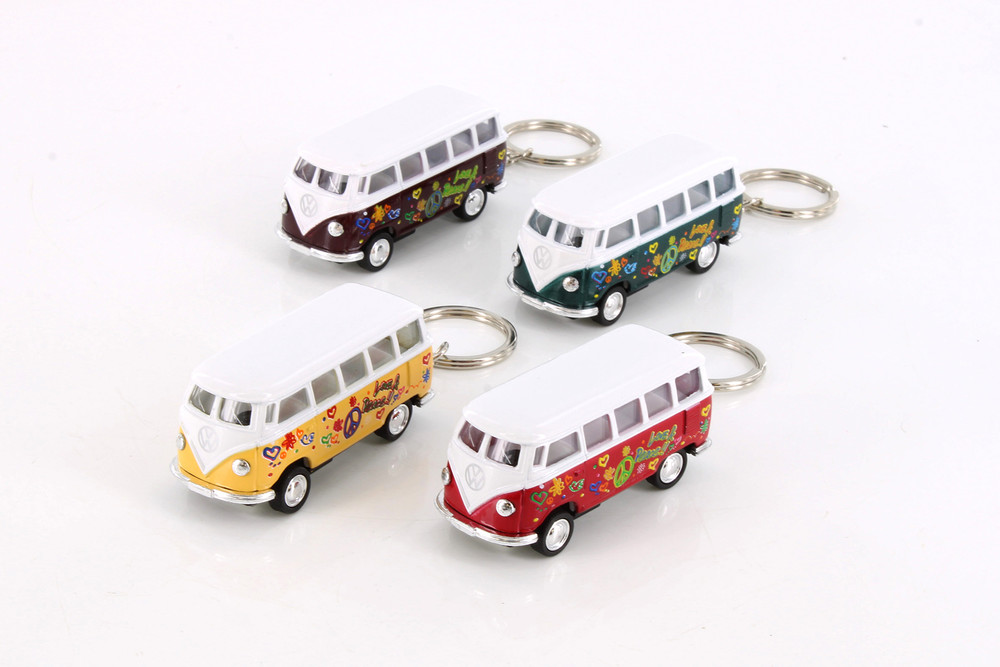 1962 Volkswagen Classical Bus Keychain w/Decal, Asstd - Kinsmart 2542DFK, 2.5" Scale Set of 12 Cars