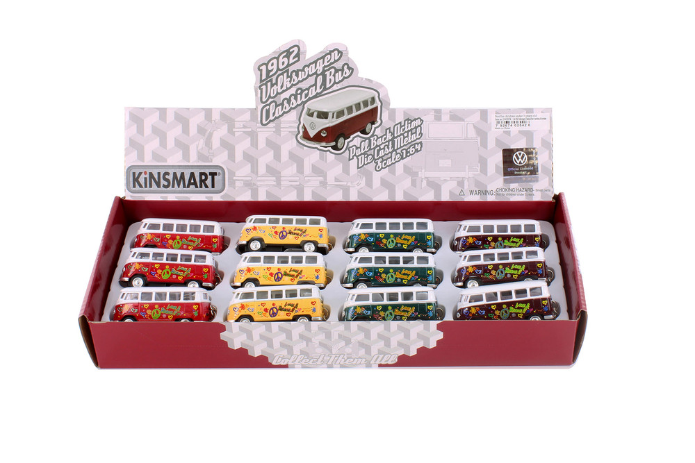 1962 Volkswagen Classical Bus Keychain w/Decal, Asstd - Kinsmart 2542DFK, 2.5" Scale Set of 12 Cars