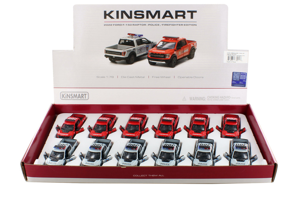 2022 Ford F-50 Raptor Pickup Truck Police/Firefighter, Kinsmart 3001DPR - 1/78 Scale Set of 12 Cars