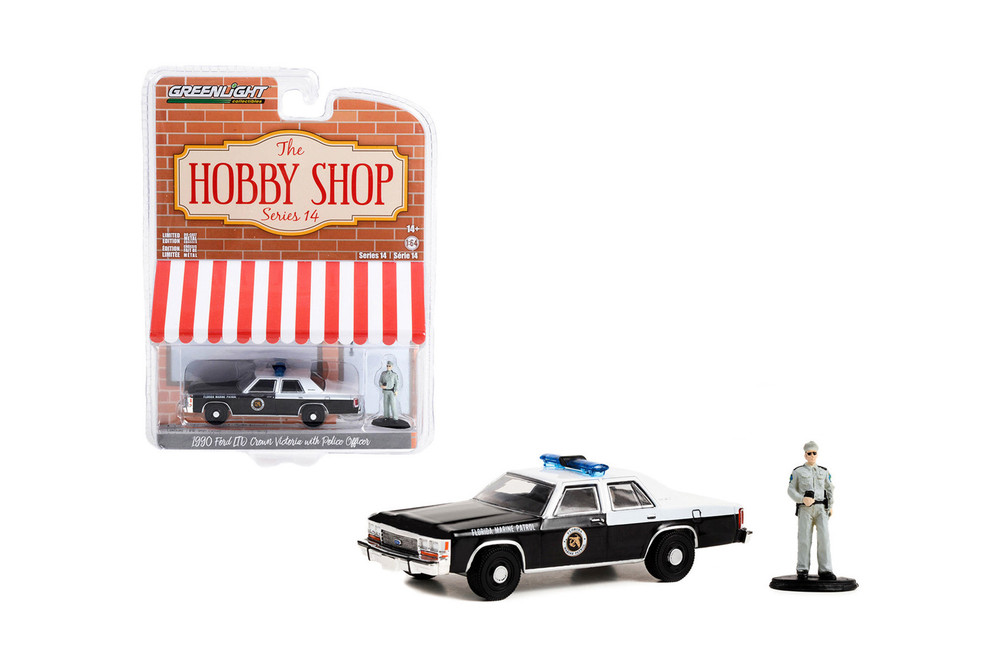 1990 Ford LTD Crown Victoria w/ Police Officer, Black - Greenlight 97140D - 1/64 Scale Diecast Car