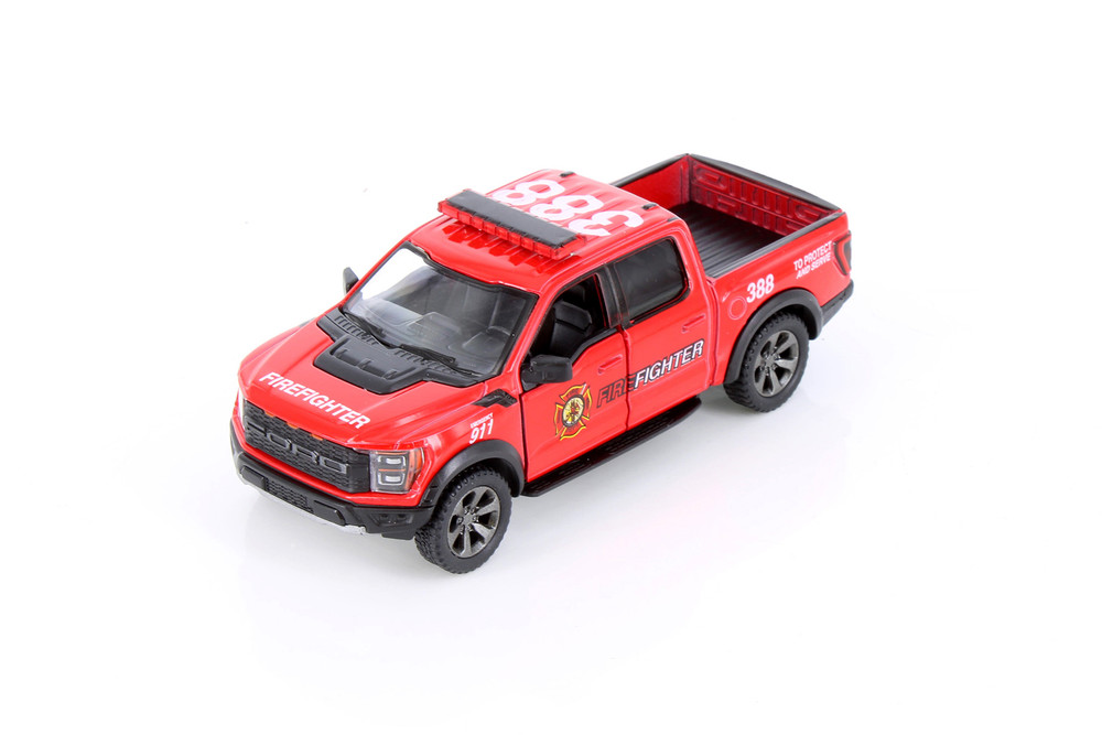 2022 Ford F-150 Raptor Pickup Firefighter, Red - Kinsmart 5436DPR - 1/46 Scale Diecast Car