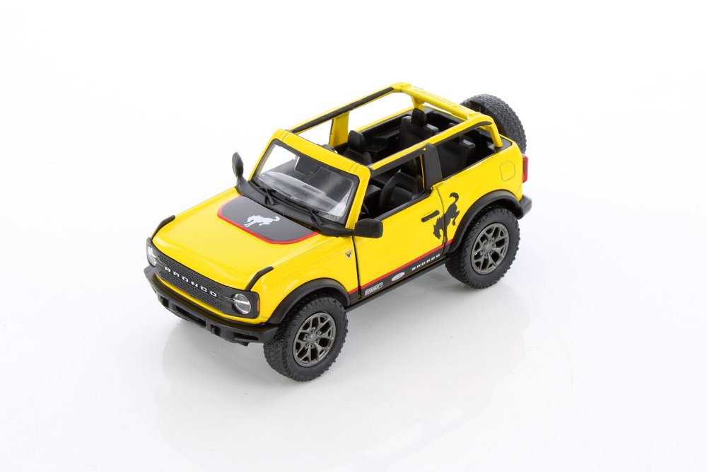 2022 Ford Bronco Open Top Livery Edition, Yellow - Kinsmart 5438DFA - 1/34 Scale Diecast Car