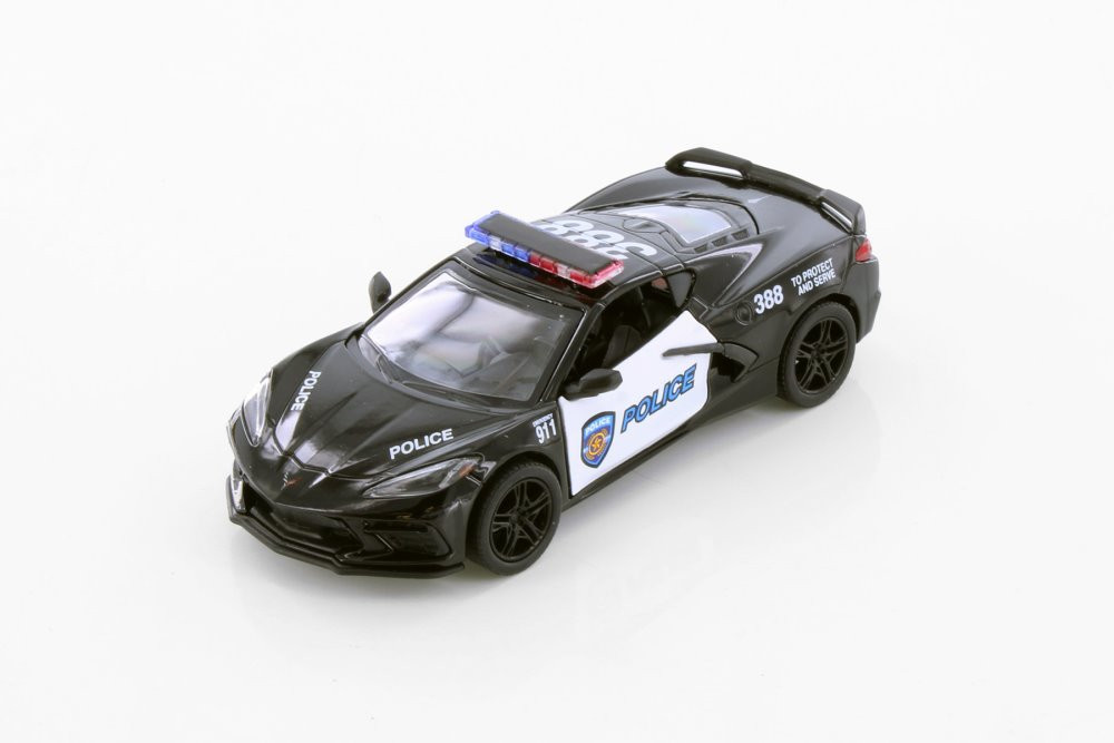 2021 Chevy Stingray C8 Police Edition, Black/White - Kinsmart 5432DP - 1/36 Scale Diecast Car