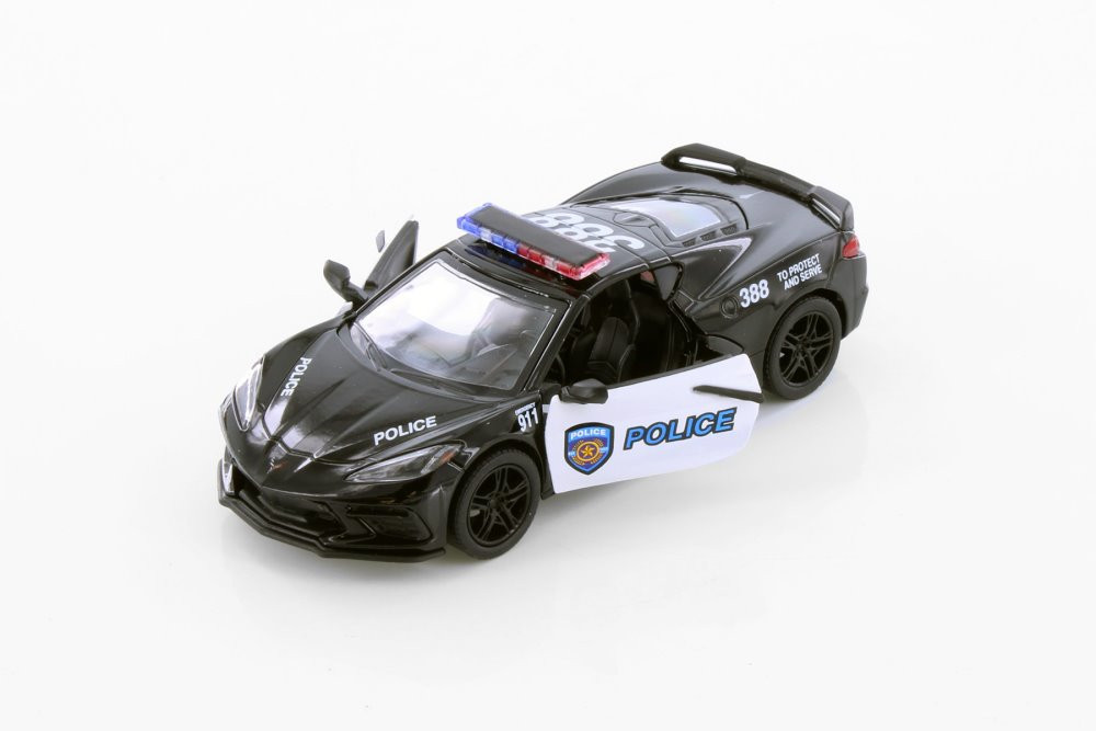 2021 Chevy Stingray C8 Police Edition, Black/White - Kinsmart 5432DP - 1/36 Scale Diecast Car