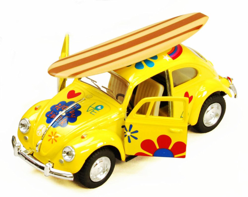 1967 Volkswagen Beetle w/ Decals & Surfboard, Yellow - Kinsmart 5057DFS1 - 1/32 scale Diecast Model Toy Car